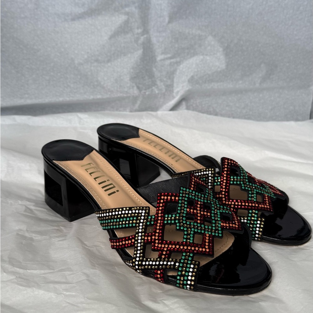 Elegant Black and Multicolor Embellished Mules